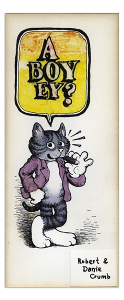 Robert Crumb Original Color Drawing of Fritz the Cat -- Gifted to Crumb's Then Publisher in 1968 Upon the Birth of His Child